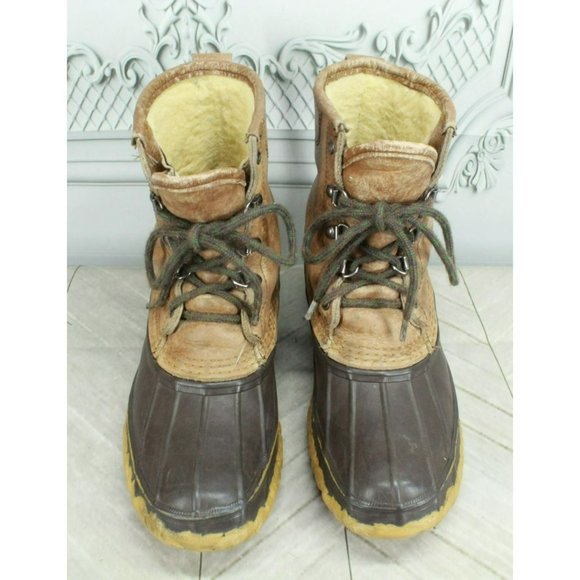 Vintage LL Bean Brown Leather Lace Up Shearling Lined Duck Boots Size 9 - Picture 5 of 9
